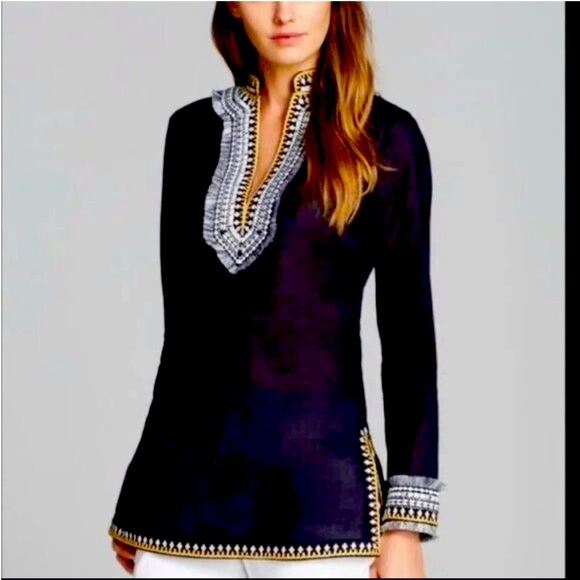 Tory Burch Tops - Tory Burch Navy Top with Gold and White Embroidery, size 6